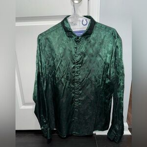 Emerald Green Satin Paisley Button-Up Shirt